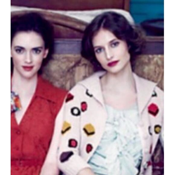 HWR Monogram Anthropologie Chocolate Box Cardigan Knit Beige Wool Blend Sz LARGE - Picture 10 of 10